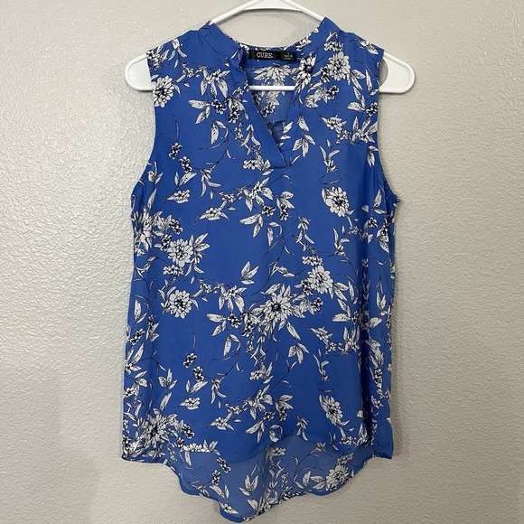 cure Tops - Cure Sleeveless Blouse Top Blue Floral 100% Polyester